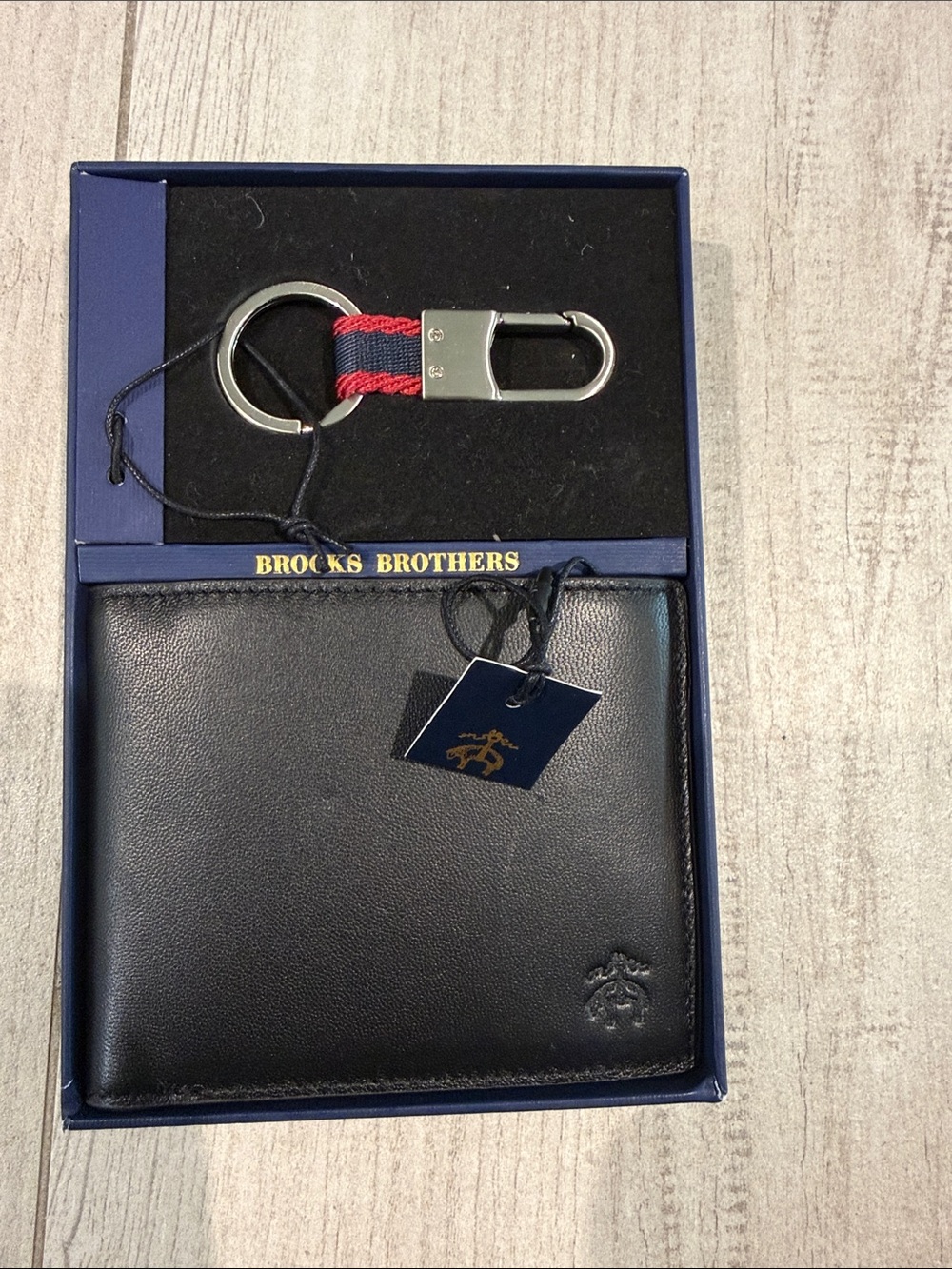 Brooks Brothers Black Leather Bi-Fold Wallet with Navy & Red Web Keyring